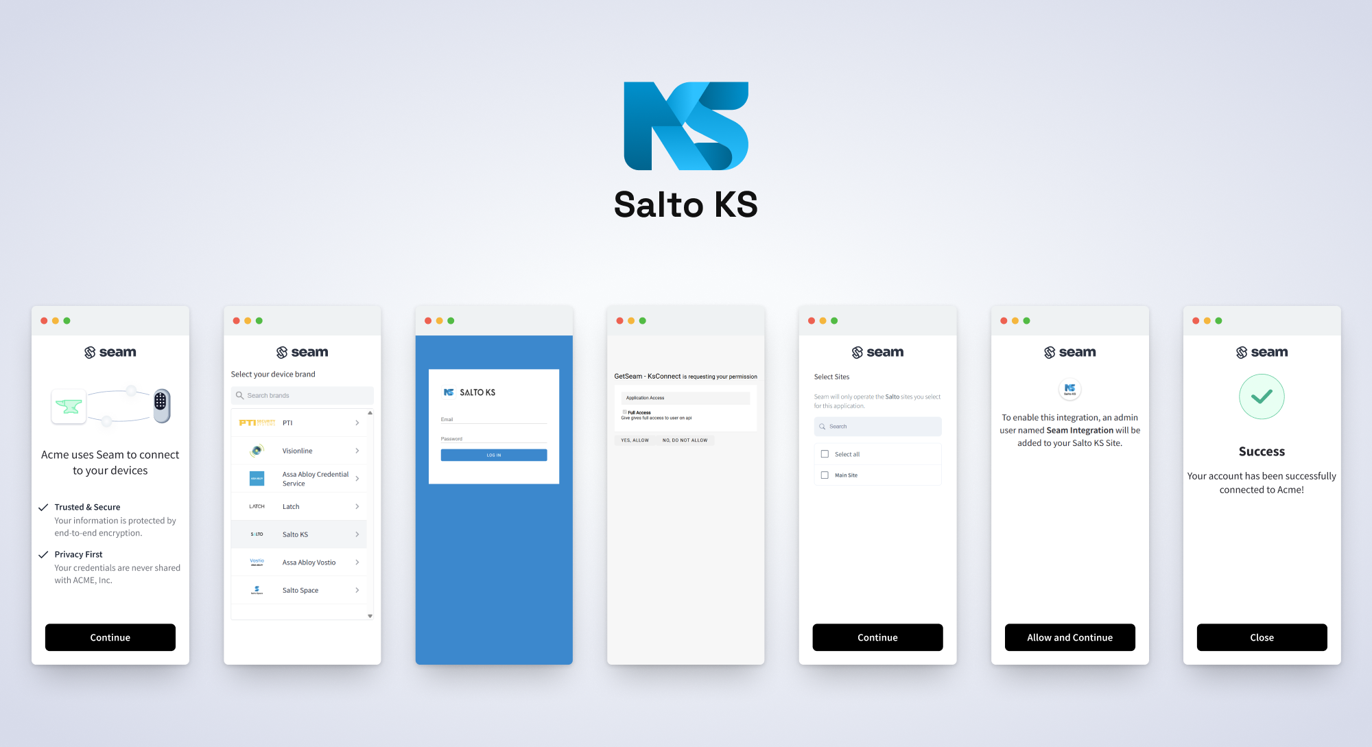 Seam Connect Webview flow to connect your Salto KS account with Seam